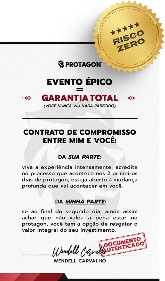 Certificado de Garantia Total Risco Zero do Protagon, assinado por Wendell Carvalho